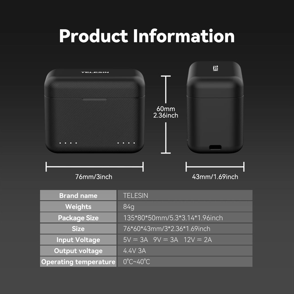Telesin carregador de bateria portátil para insta360 x3 x4