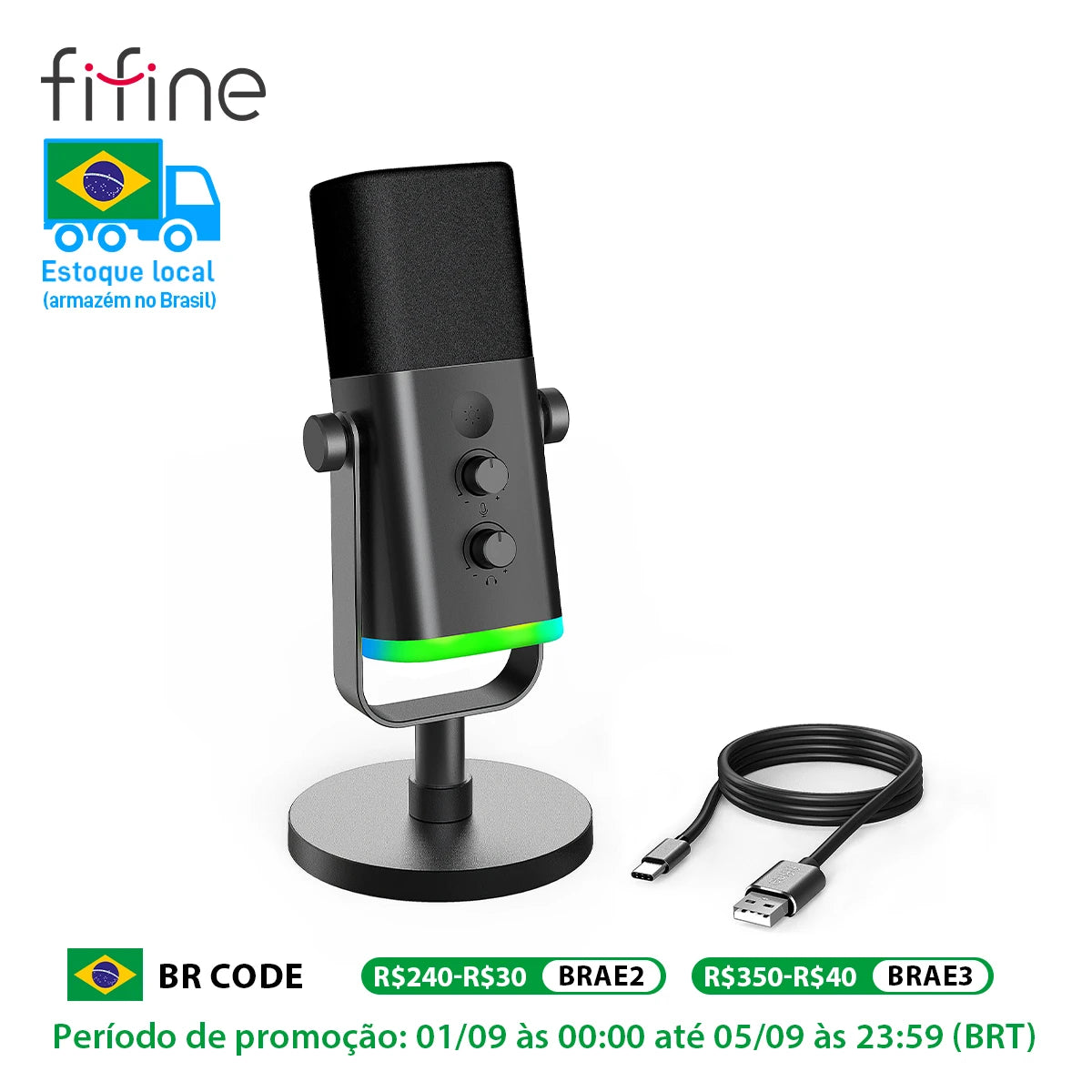 Fifine Microfone Dinâmico Usb/Xlr com Controle Rgb