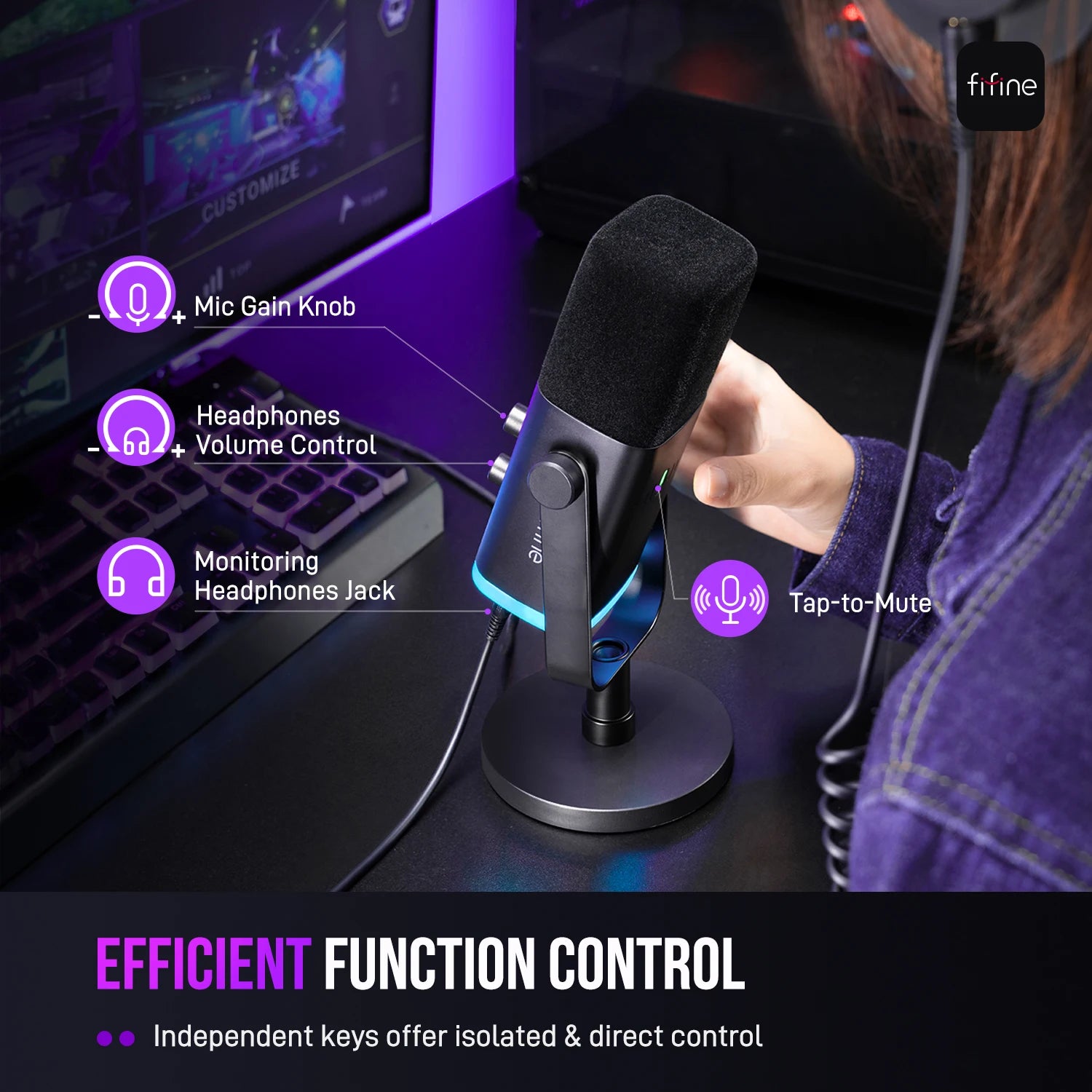 Fifine Microfone Dinâmico Usb/Xlr com Controle Rgb