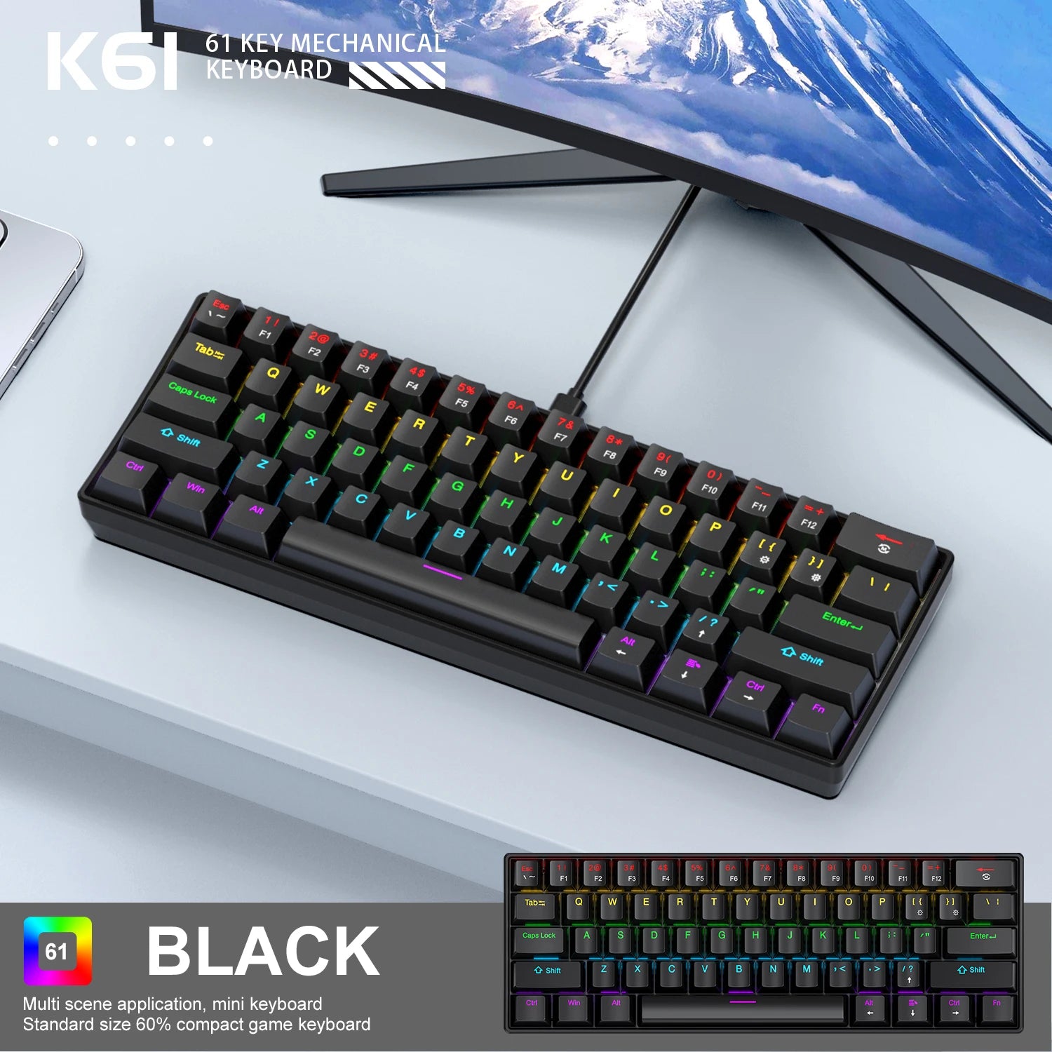 60% mini teclado portátil apayado k61 teclado mecânico com fio