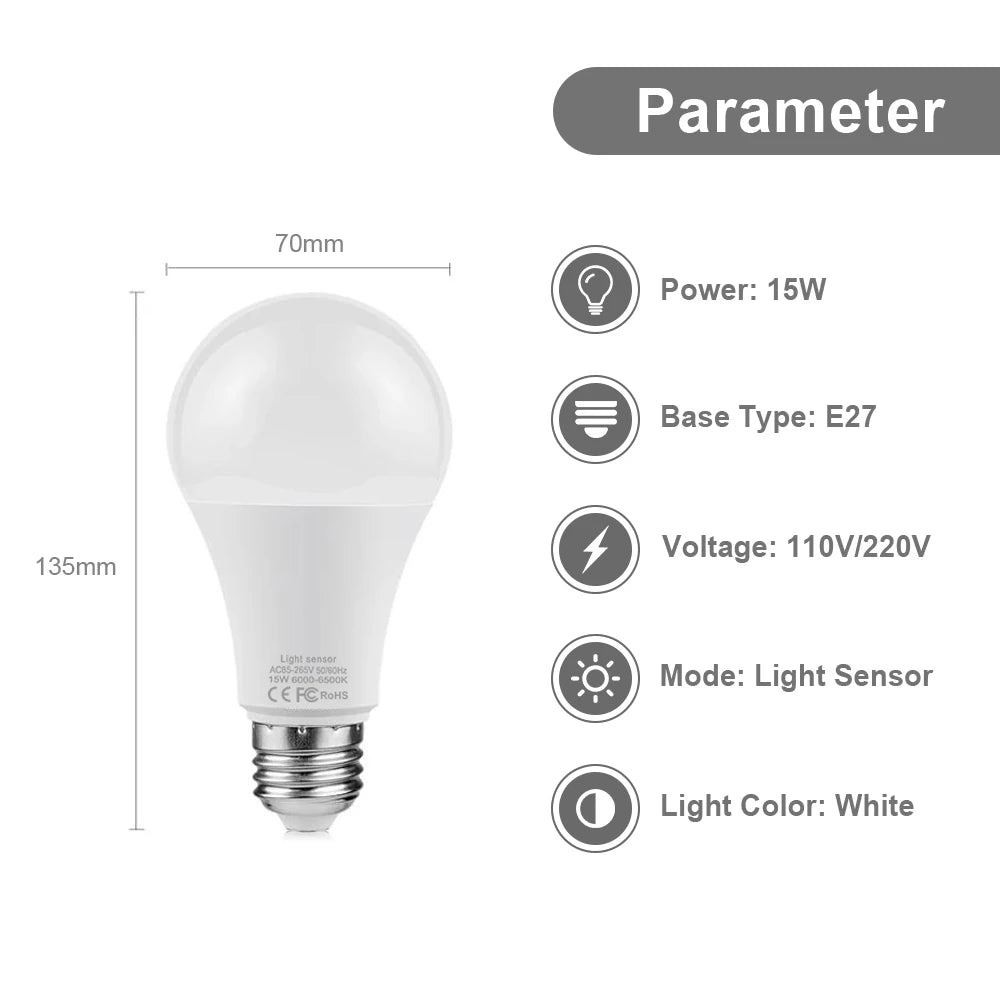 15w e27 led crepúsculo ao amanhecer lâmpada noturna com sensor de luz lâmpada inteligente