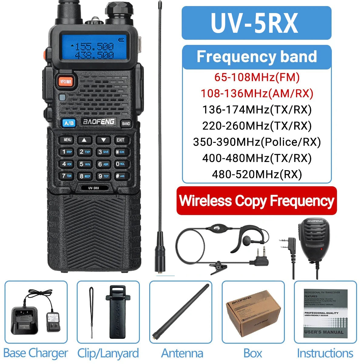 Baofeng UV-5RX walkie talkie conjunto 3800mah