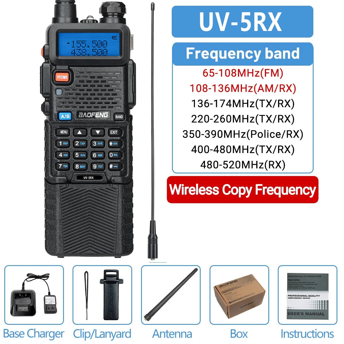 Baofeng UV-5RX walkie talkie conjunto 3800mah