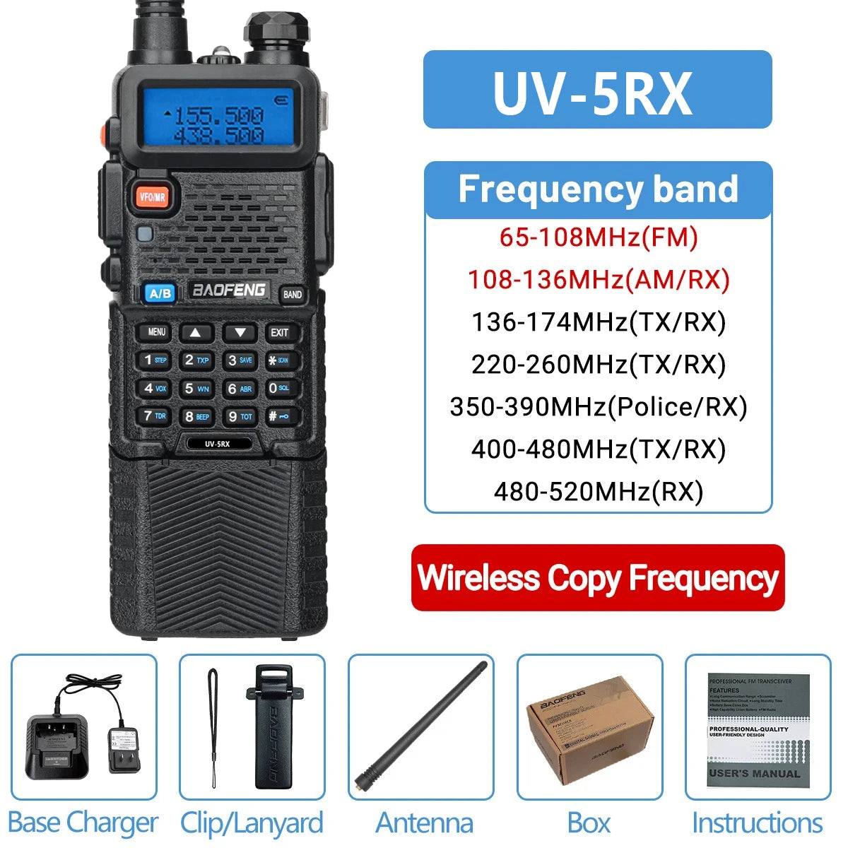 Baofeng UV-5RX walkie talkie conjunto 3800mah