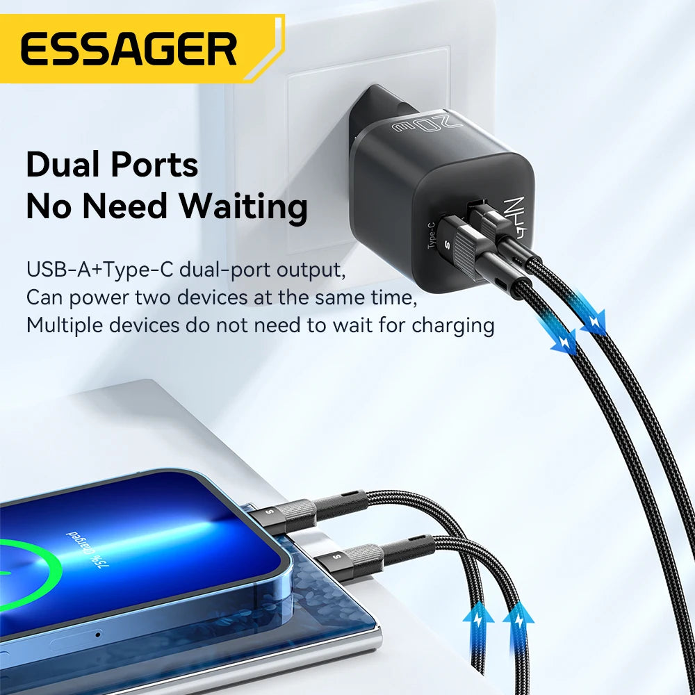 Essager 20w gan usb tipo c carregador pd carga rápida