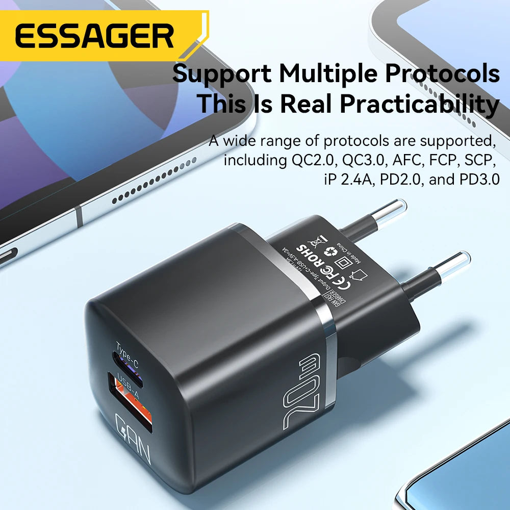Essager 20w gan usb tipo c carregador pd carga rápida