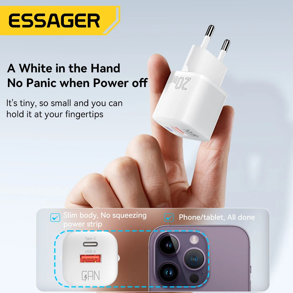Essager 20w gan usb tipo c carregador pd carga rápida