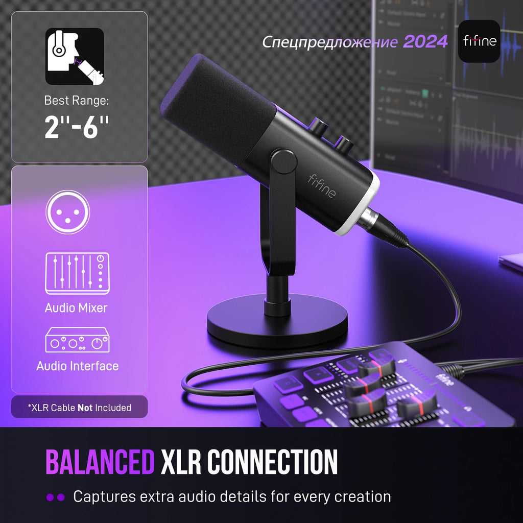Fifine Microfone Dinâmico Usb/Xlr com Controle Rgb