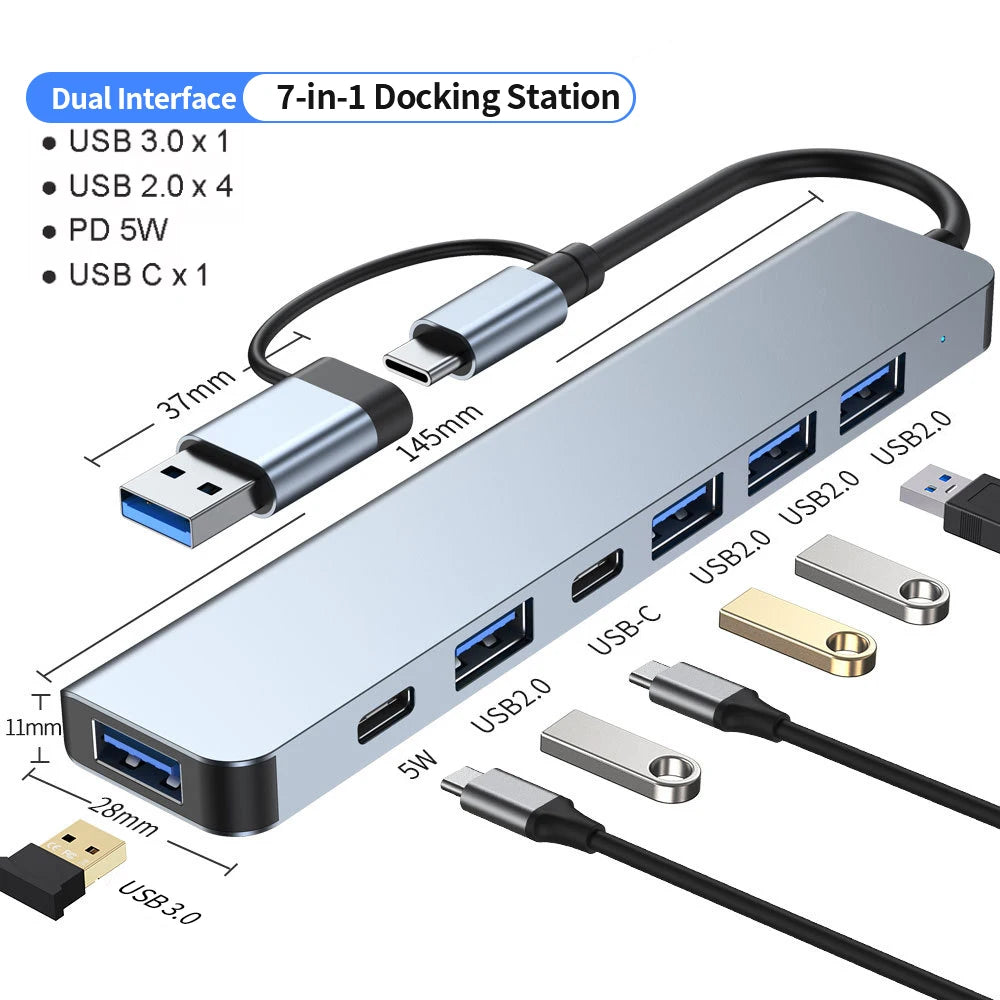 Hub USB C Hub USB 3.0, Extensor USB 7 em 1 de Alumínio