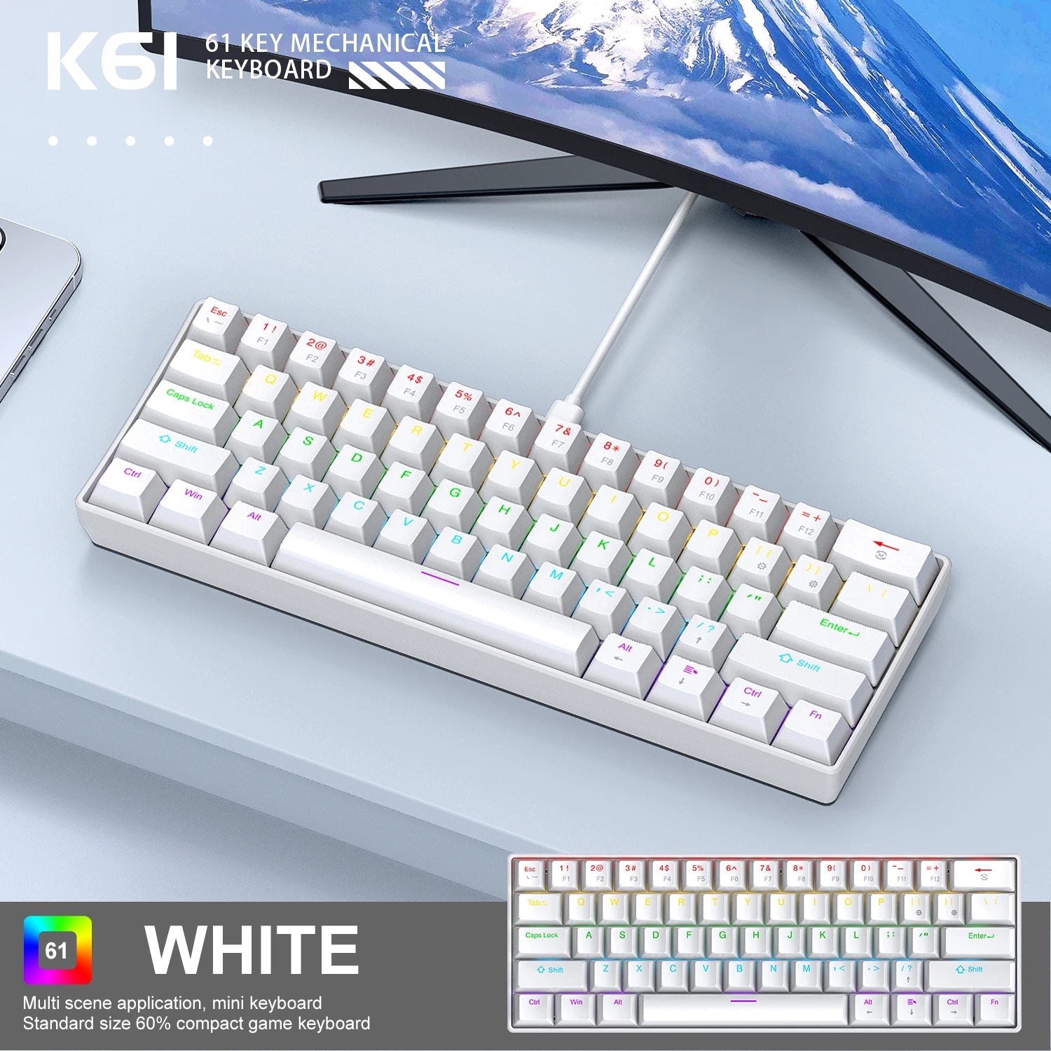 60% mini teclado portátil apayado k61 teclado mecânico com fio