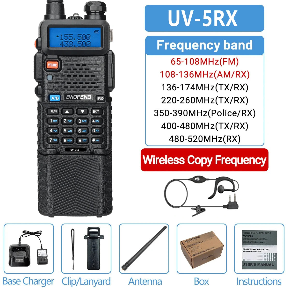 Baofeng UV-5RX walkie talkie conjunto 3800mah