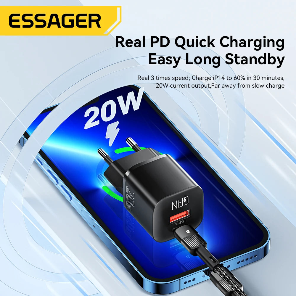 Essager 20w gan usb tipo c carregador pd carga rápida
